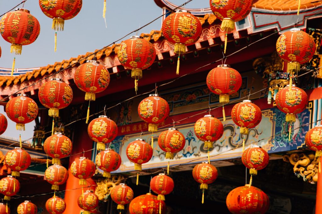 Chinese lanterns hanging in China style temple during Chinese new year in China town